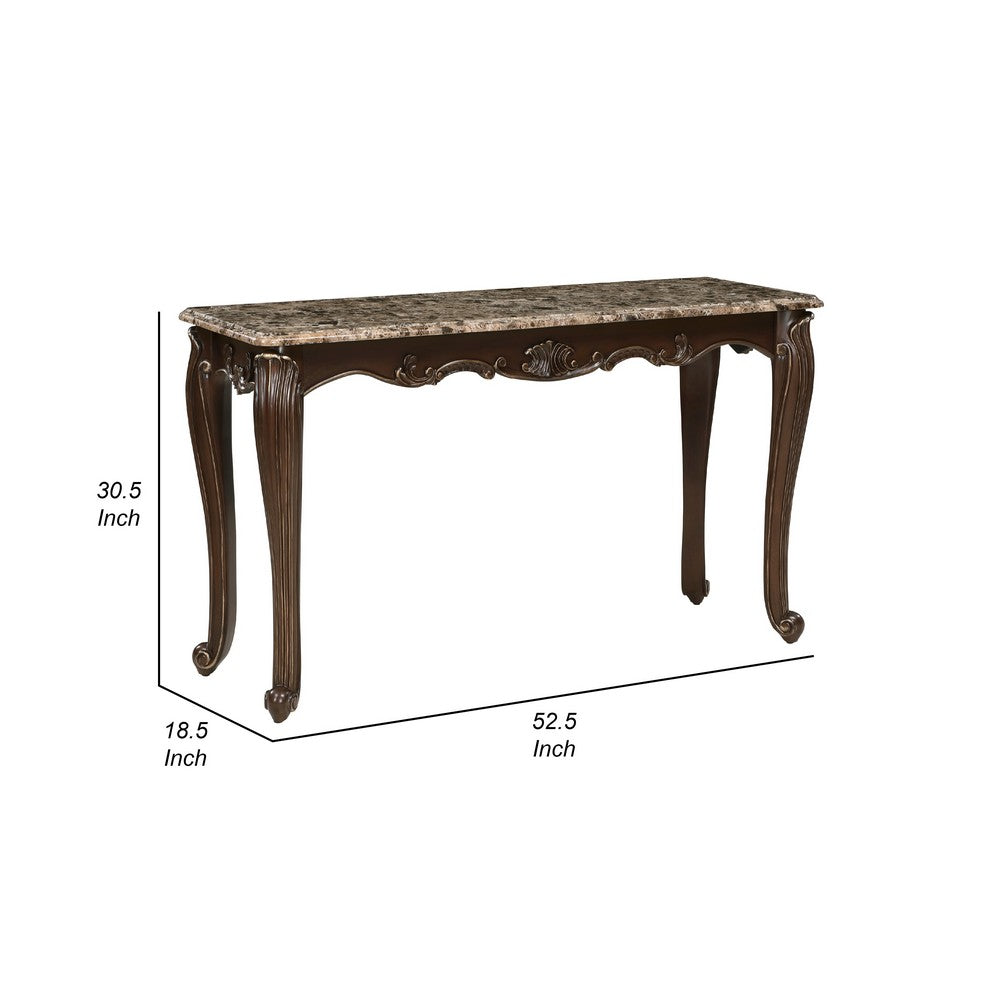 Benjara Hesar Sofa Console Table, 53 Inch Marble, Cherry Brown Wood, Cabriole