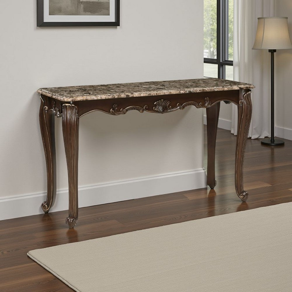 Benjara Hesar Sofa Console Table, 53 Inch Marble, Cherry Brown Wood, Cabriole
