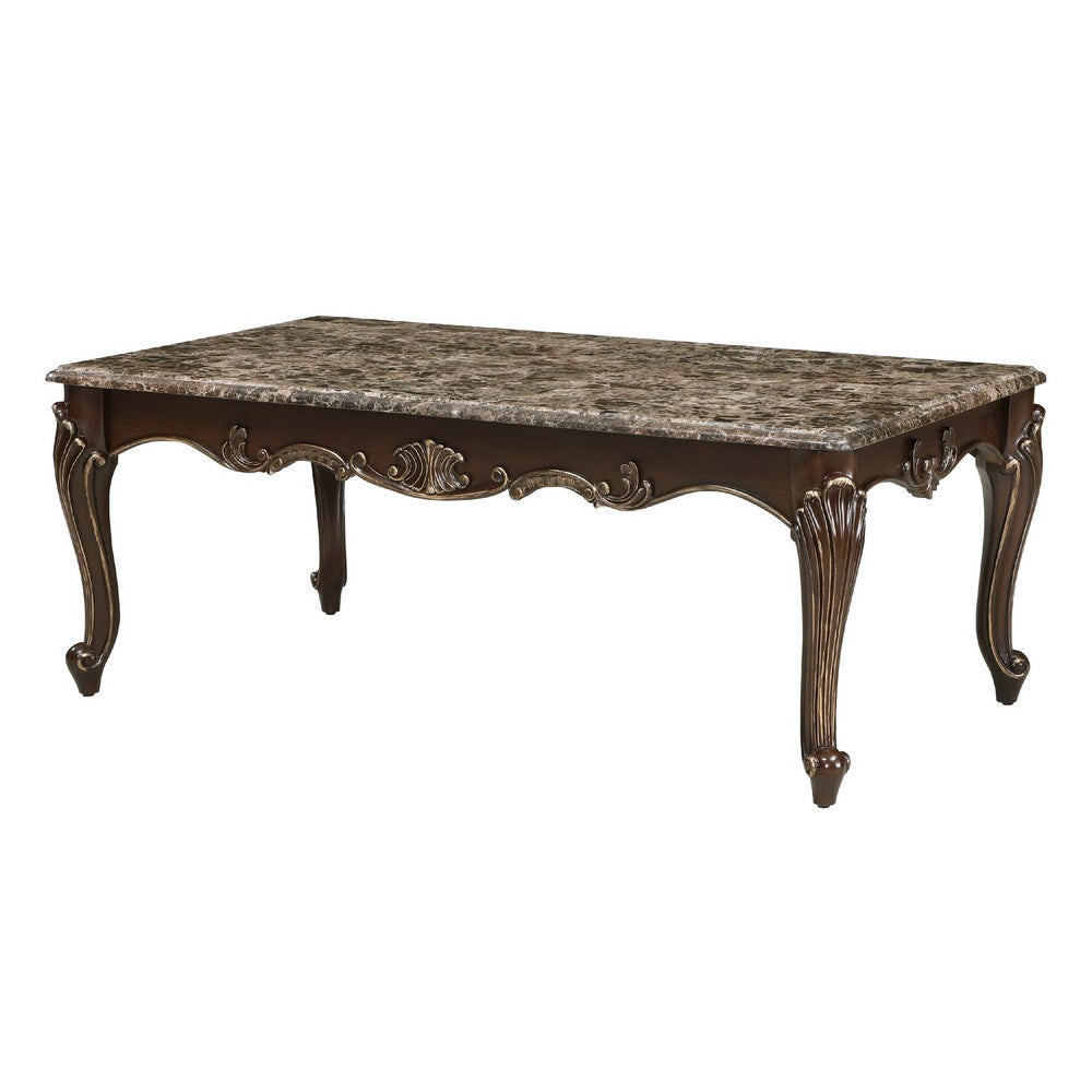 Benjara Hesar Coffee Table, 51 Inch Marble Top, Cherry Brown, Cabriole Legs