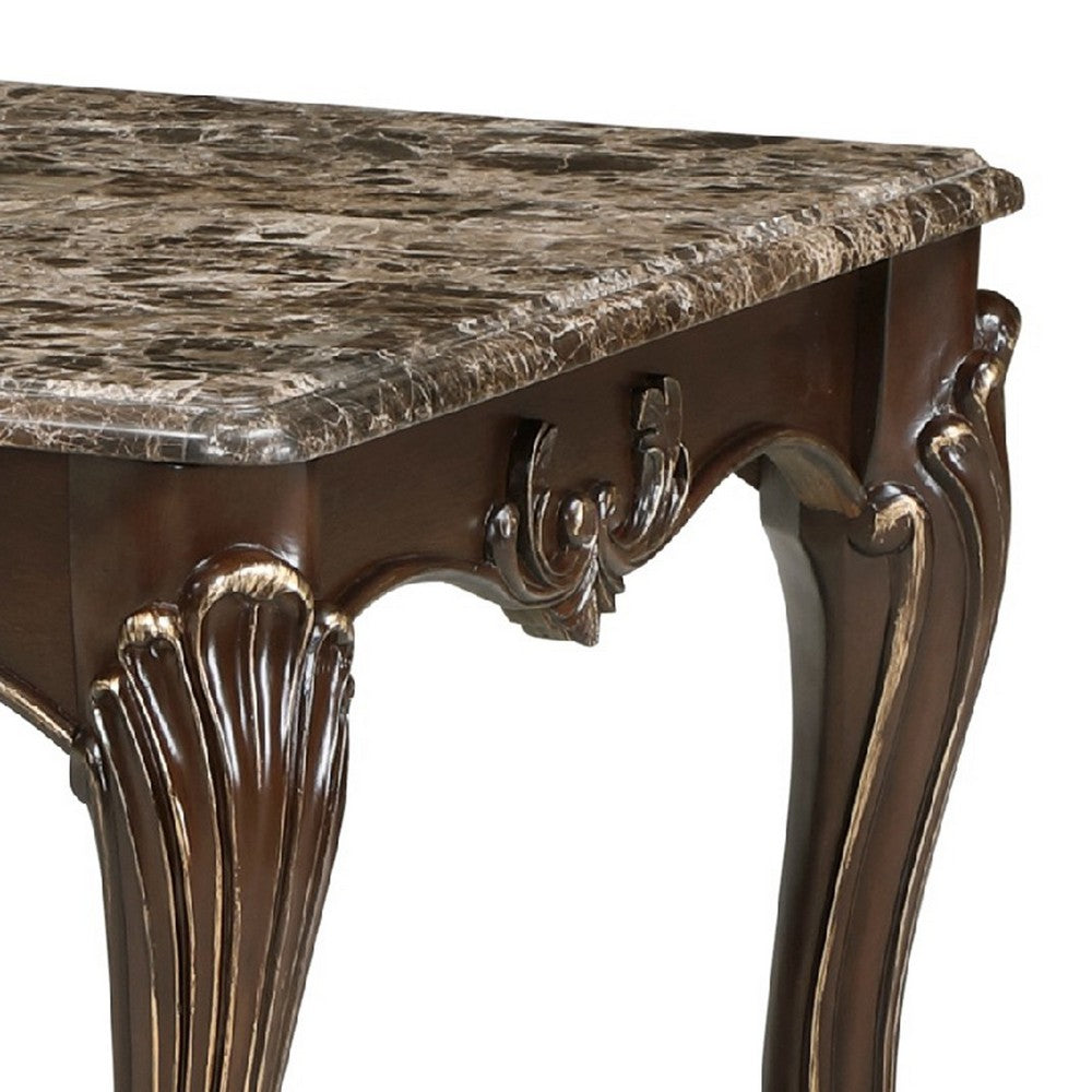Benjara Hesar Coffee Table, 51 Inch Marble Top, Cherry Brown, Cabriole Legs