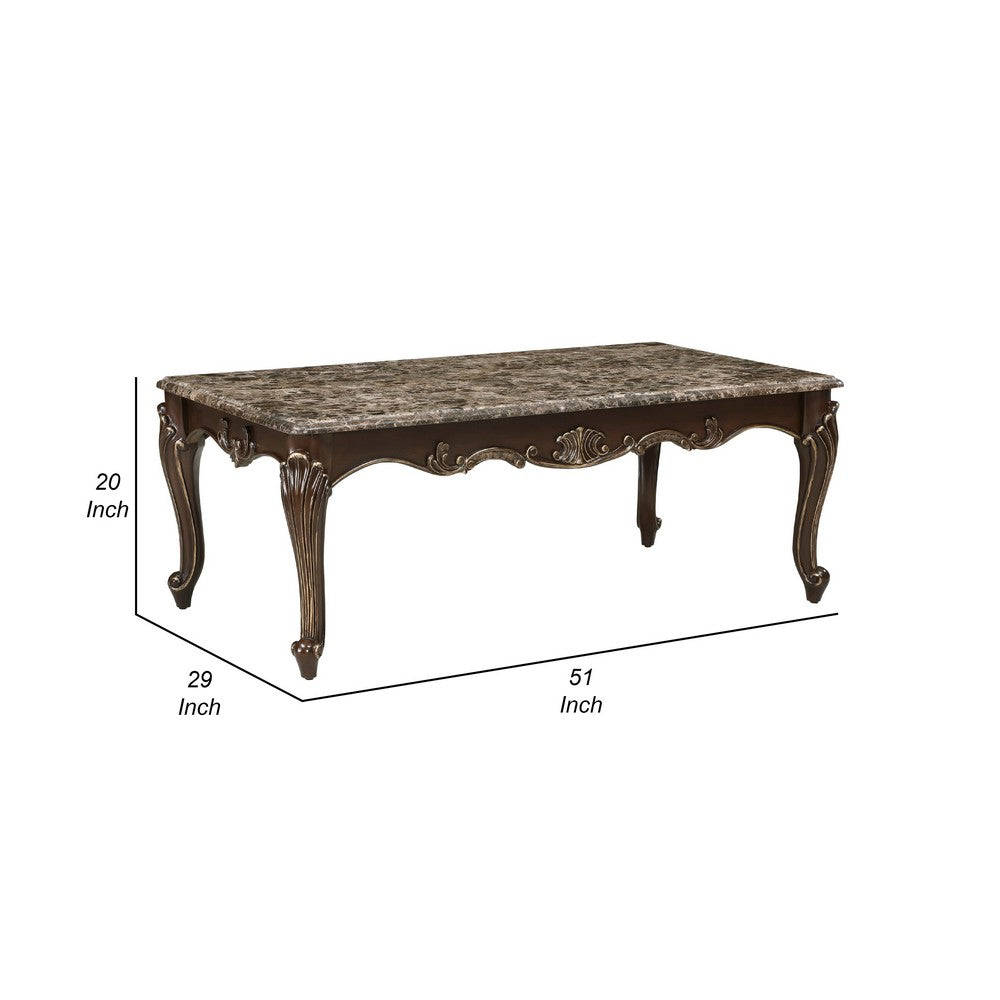 Benjara Hesar Coffee Table, 51 Inch Marble Top, Cherry Brown, Cabriole Legs