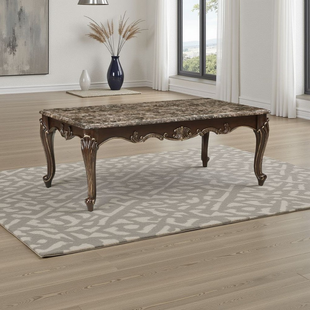 Benjara Hesar Coffee Table, 51 Inch Marble Top, Cherry Brown, Cabriole Legs