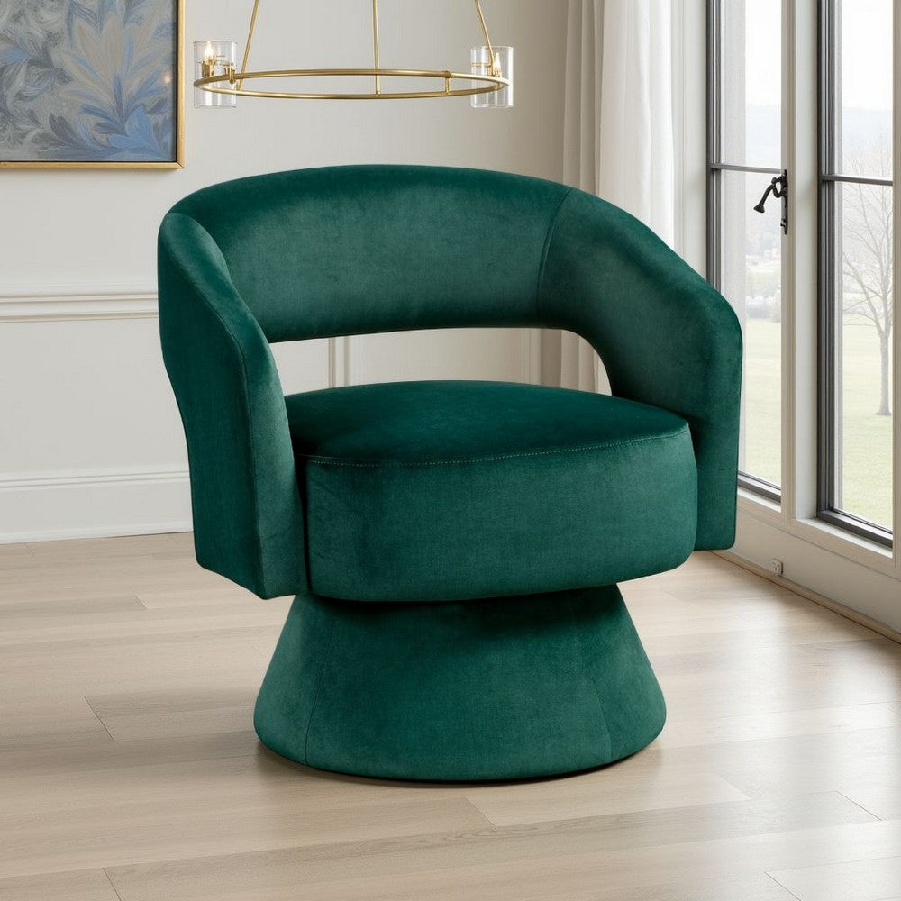 Benjara Lessa Swivel Accent Chair, Emrald Green, Round Base, Soft Foam Cushion