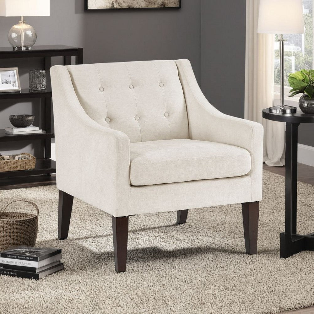 Benjara Ginna Accent Armchair, Button Tufted Beige Polyester, Brown Legs