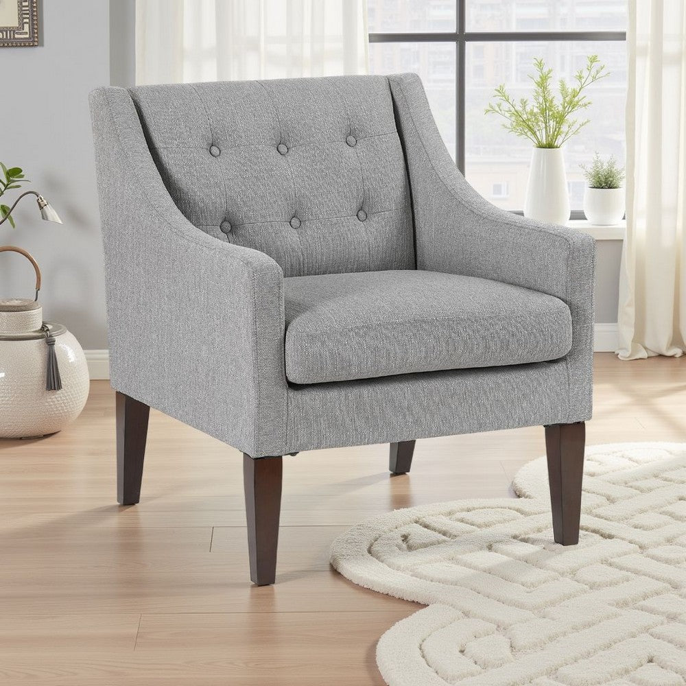 Benjara Ginna Accent Armchair, Button Tufted Light Gray Polyester, Brown Legs