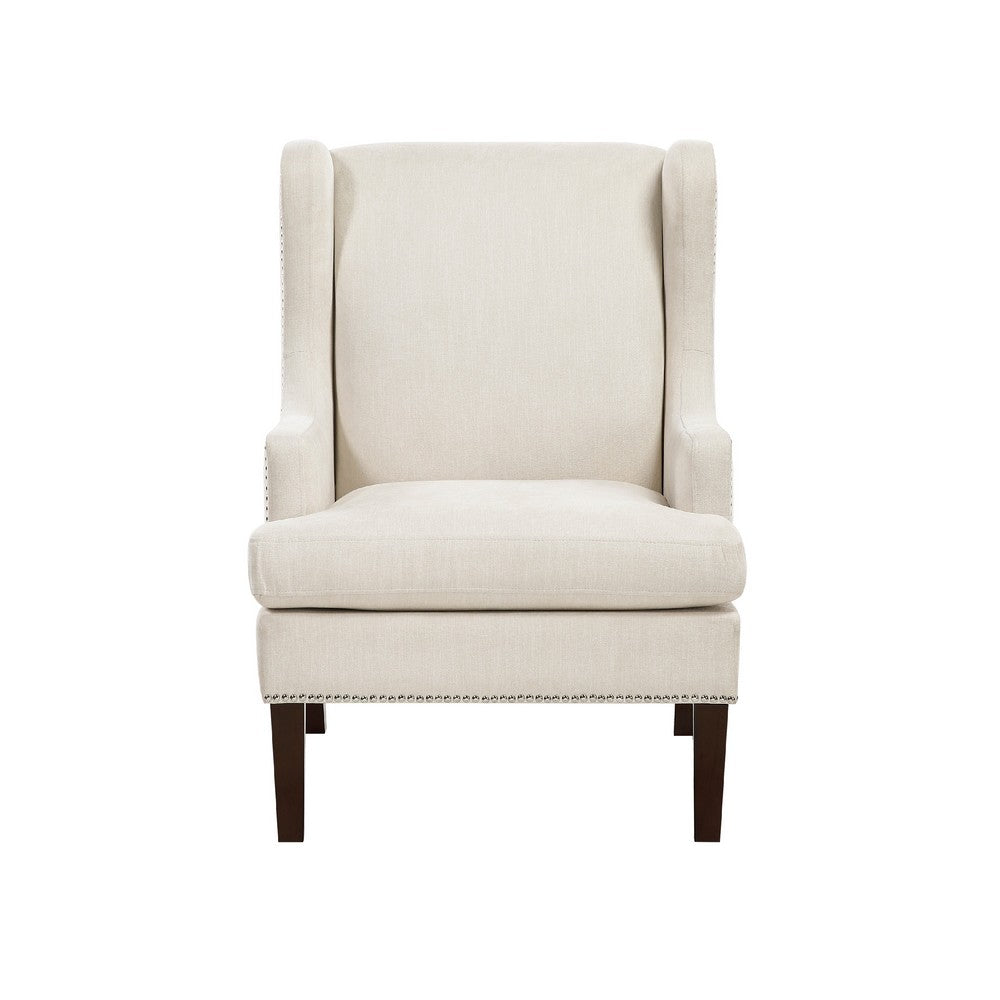 Benjara Rossana Accent Wing Armchair, Beige Polyester, Brown Wood, Nailhead
