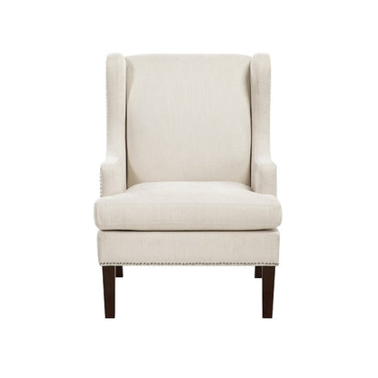Benjara Rossana Accent Wing Armchair, Beige Polyester, Brown Wood, Nailhead