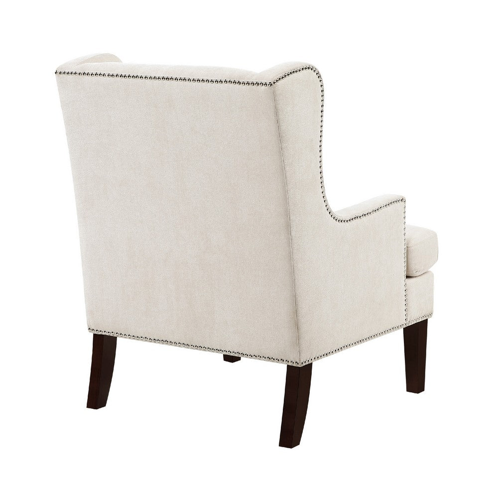 Benjara Rossana Accent Wing Armchair, Beige Polyester, Brown Wood, Nailhead