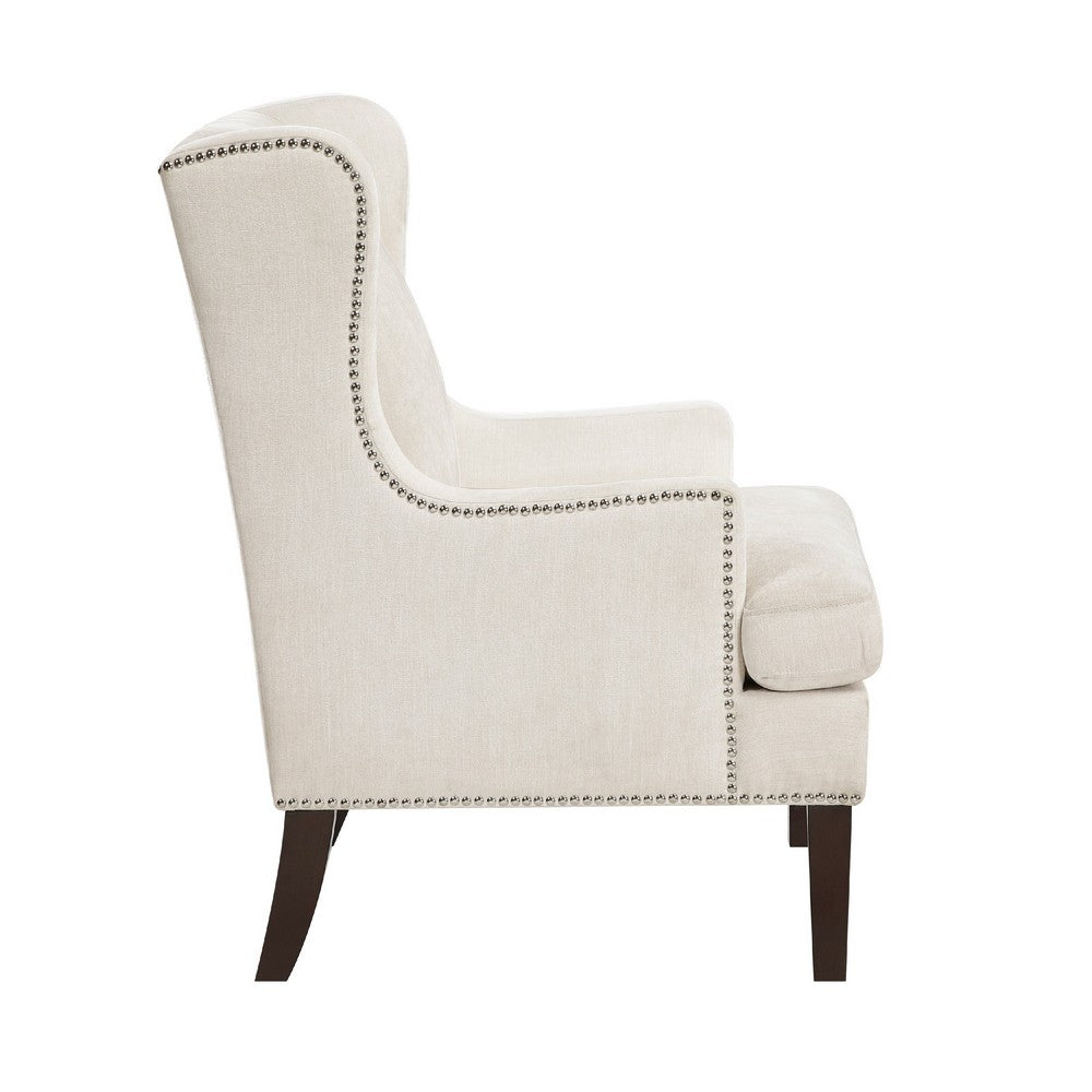 Benjara Rossana Accent Wing Armchair, Beige Polyester, Brown Wood, Nailhead