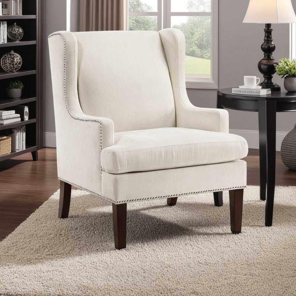 Benjara Rossana Accent Wing Armchair, Beige Polyester, Brown Wood, Nailhead