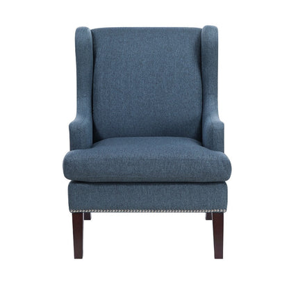 Benjara Rossana Accent Wing Armchair, Blue Polyester, Brown Wood, Nailhead