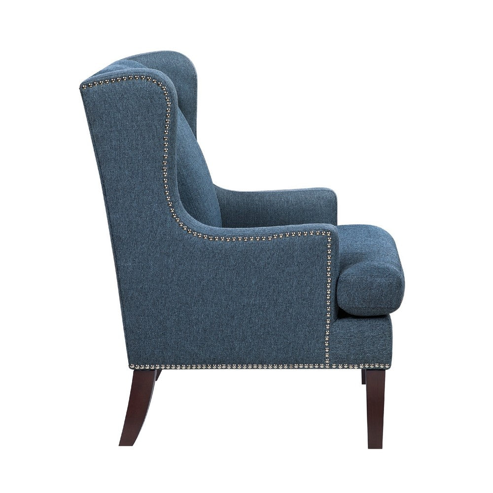 Benjara Rossana Accent Wing Armchair, Blue Polyester, Brown Wood, Nailhead