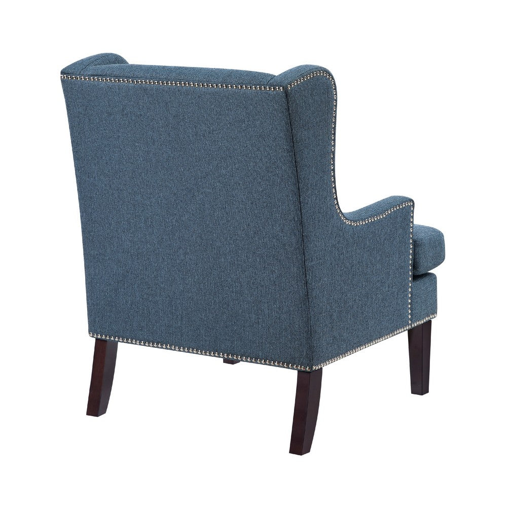 Benjara Rossana Accent Wing Armchair, Blue Polyester, Brown Wood, Nailhead