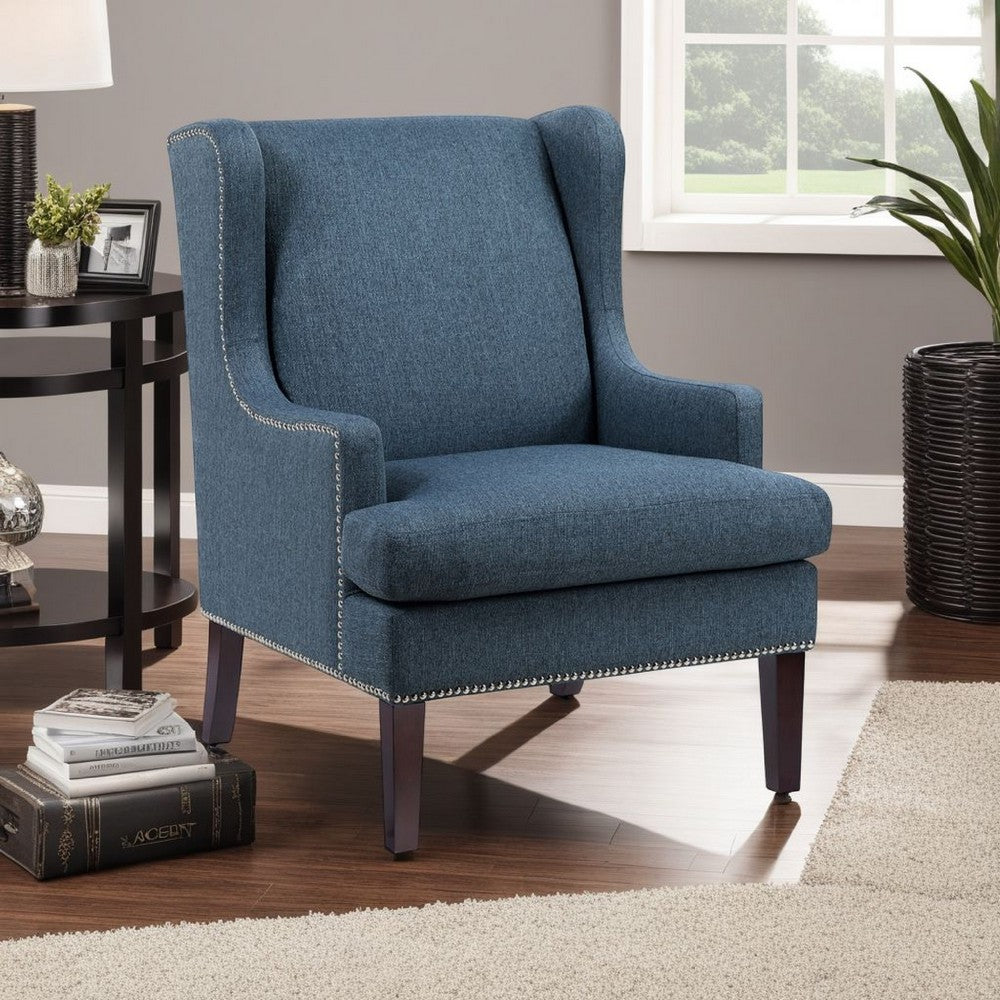 Benjara Rossana Accent Wing Armchair, Blue Polyester, Brown Wood, Nailhead