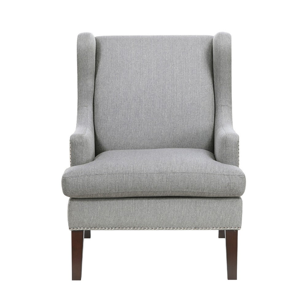 Benjara Rossana Accent Wing Armchair, Gray Polyester, Brown Wood, Nailhead