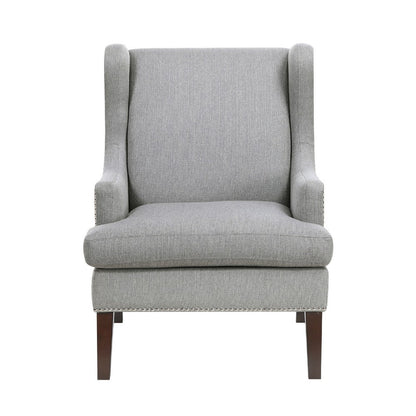 Benjara Rossana Accent Wing Armchair, Gray Polyester, Brown Wood, Nailhead