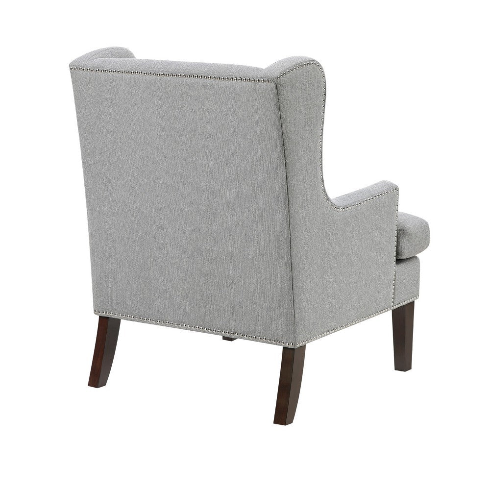 Benjara Rossana Accent Wing Armchair, Gray Polyester, Brown Wood, Nailhead