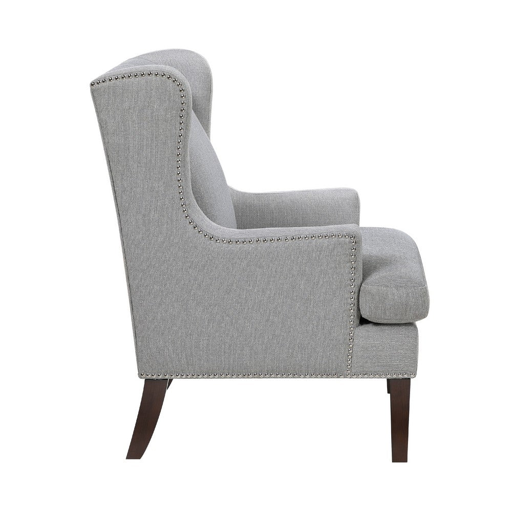 Benjara Rossana Accent Wing Armchair, Gray Polyester, Brown Wood, Nailhead