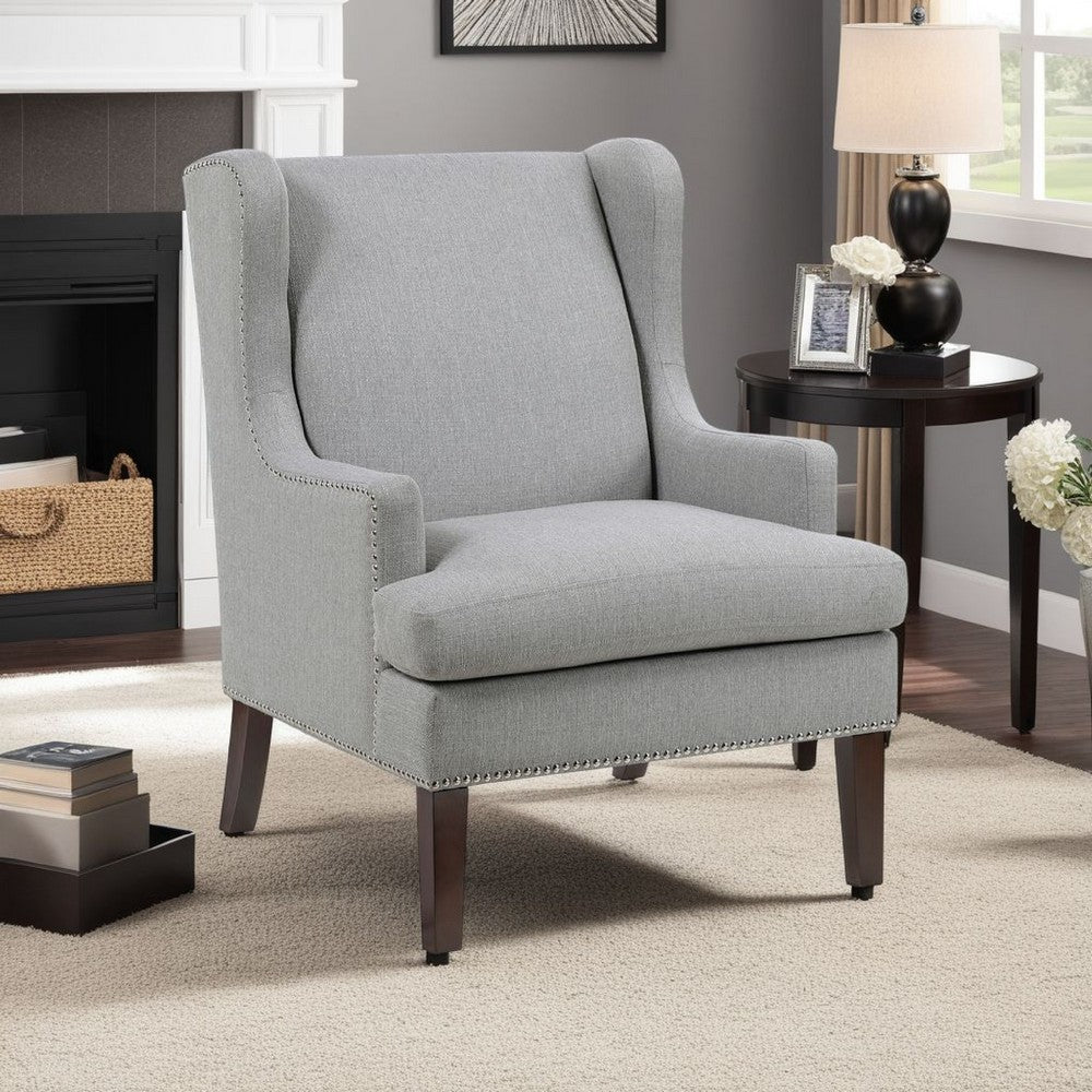 Benjara Rossana Accent Wing Armchair, Gray Polyester, Brown Wood, Nailhead