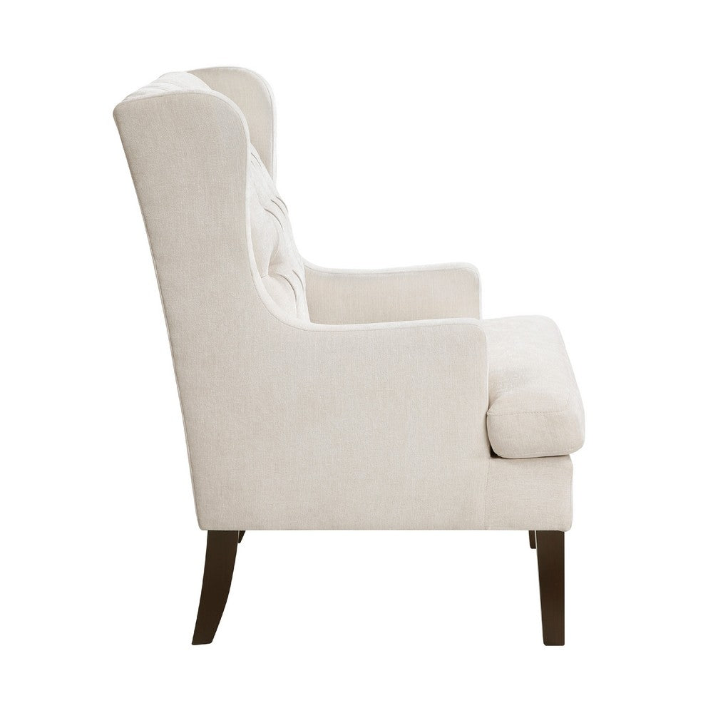 Benjara Hosanna Accent Wing Armchair, Button Tufted Beige Polyester, Brown