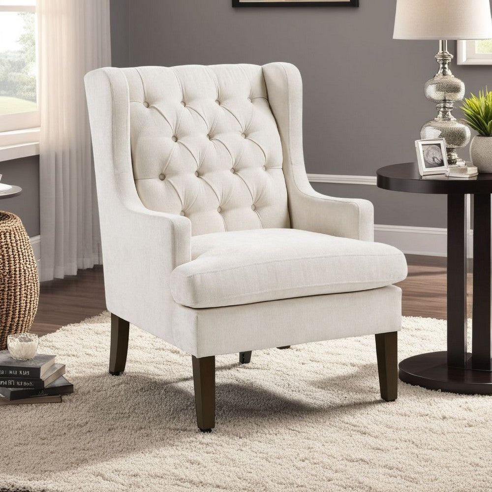 Benjara Hosanna Accent Wing Armchair, Button Tufted Beige Polyester, Brown