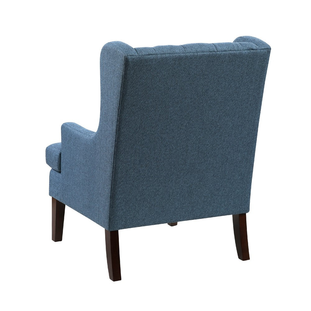 Benjara Hosanna Accent Wing Armchair, Button Tufted Blue Polyester, Brown Wood