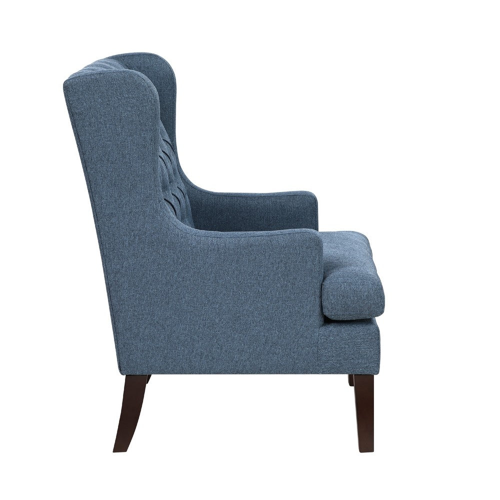 Benjara Hosanna Accent Wing Armchair, Button Tufted Blue Polyester, Brown Wood