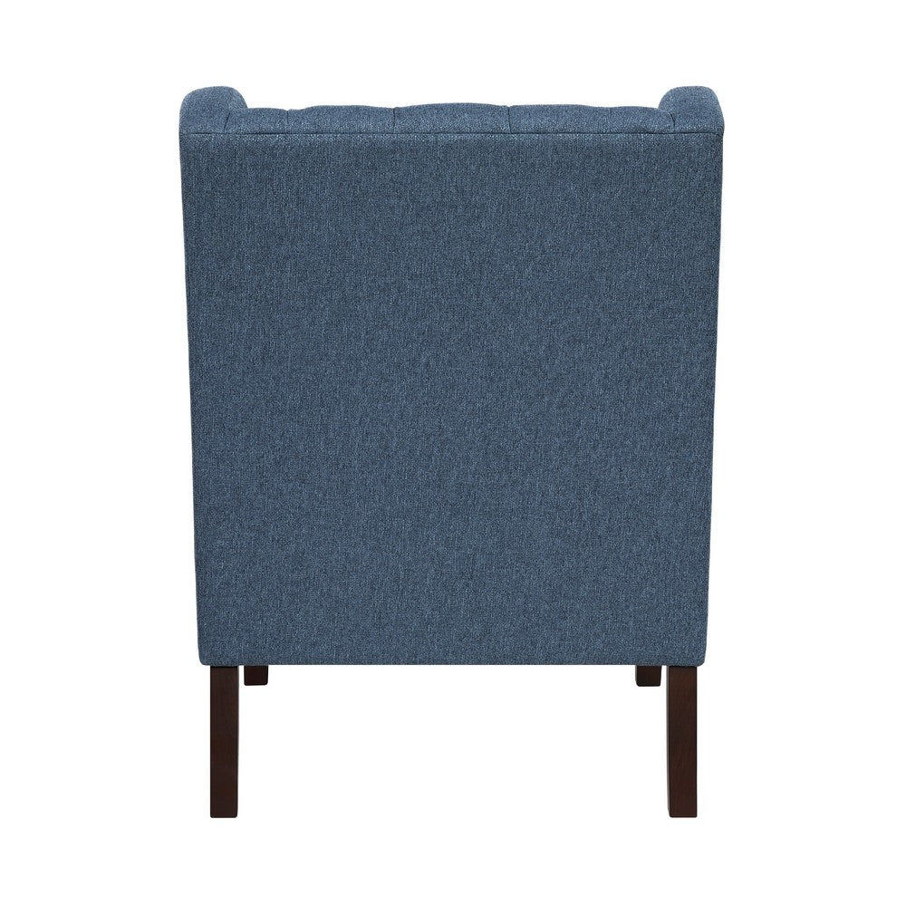 Benjara Hosanna Accent Wing Armchair, Button Tufted Blue Polyester, Brown Wood