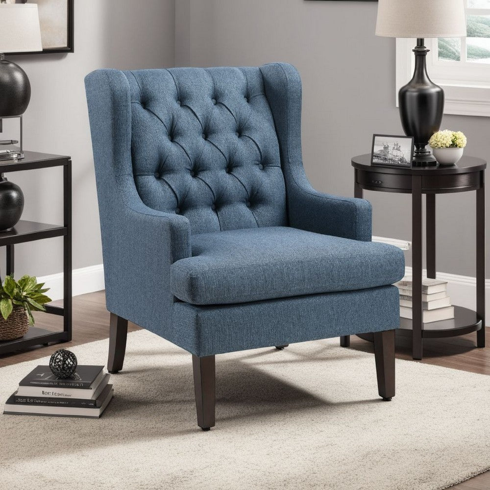 Benjara Hosanna Accent Wing Armchair, Button Tufted Blue Polyester, Brown Wood