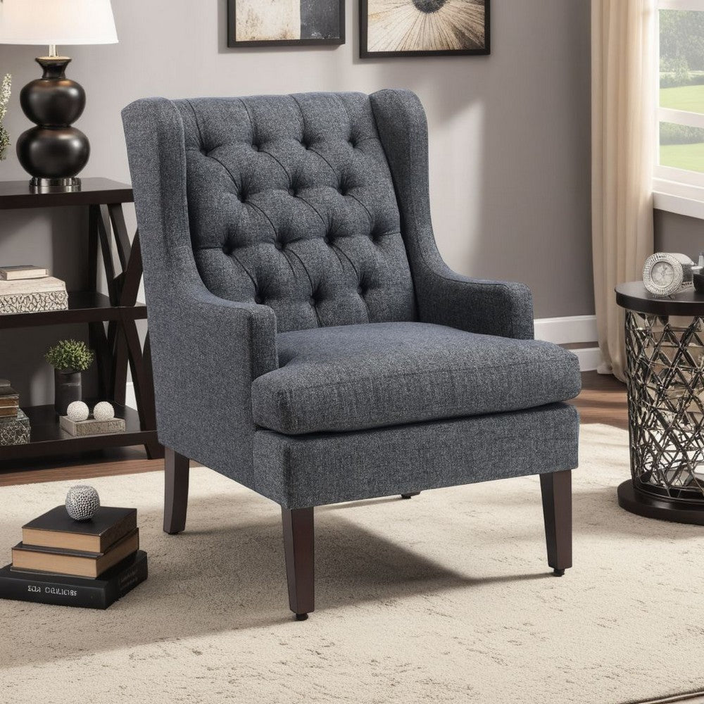 Benjara Hosanna Accent Wing Armchair, Button Tufted Charcoal Gray, Brown