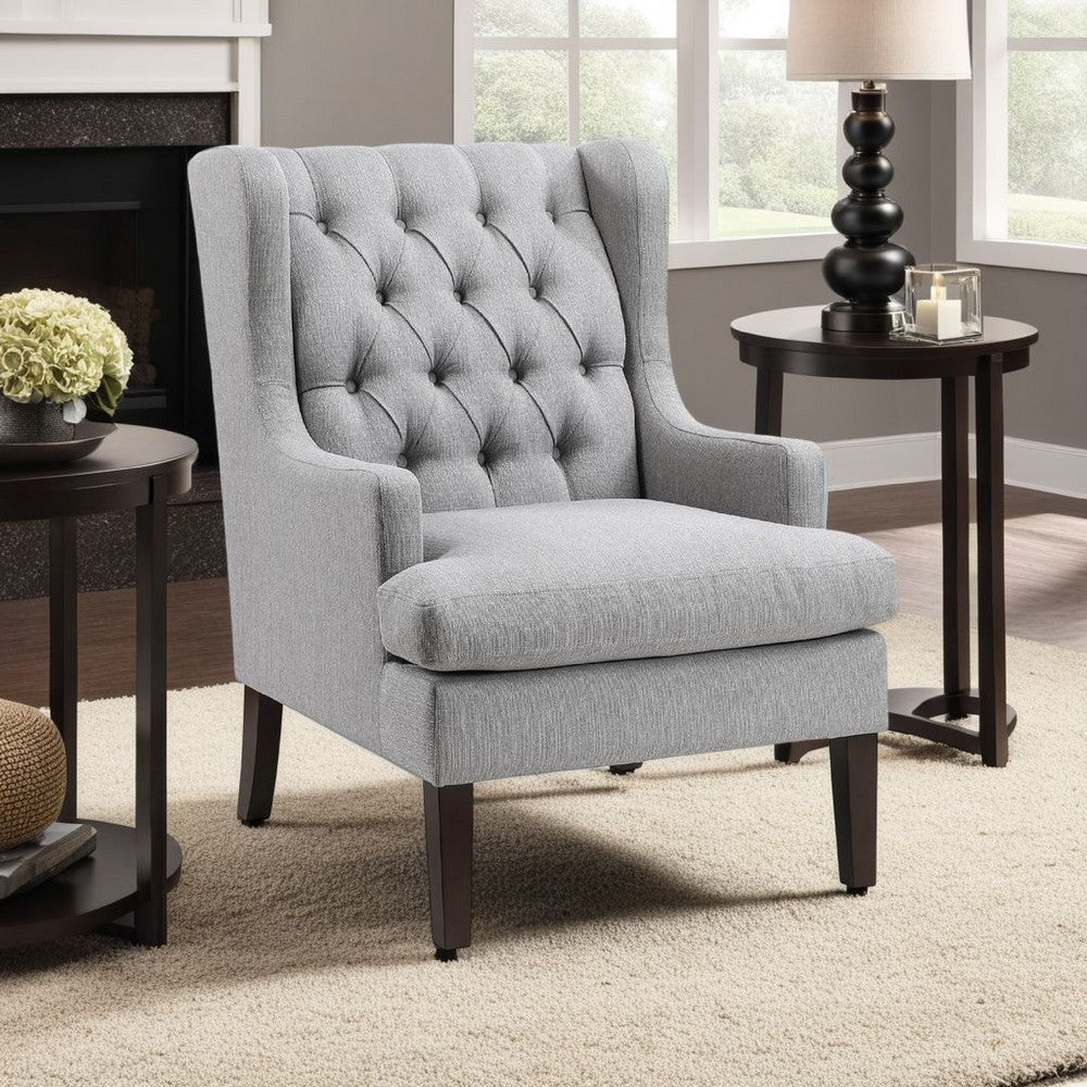 Benjara Hosanna Accent Wing Armchair, Button Tufted Light Gray Polyester