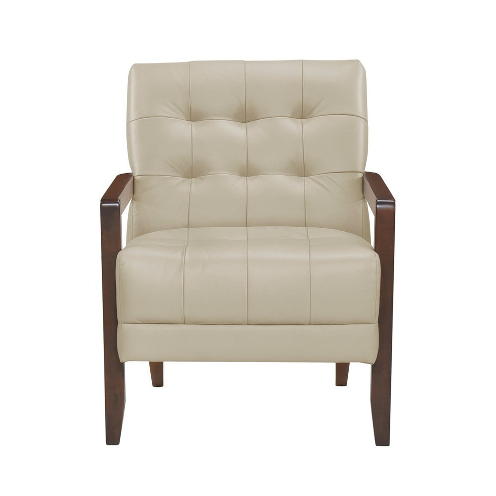 Benjara Lenie Accent Armchair, Button Tufted Beige Leather, Walnut Brown Wood