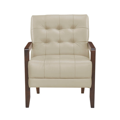 Benjara Lenie Accent Armchair, Button Tufted Beige Leather, Walnut Brown Wood