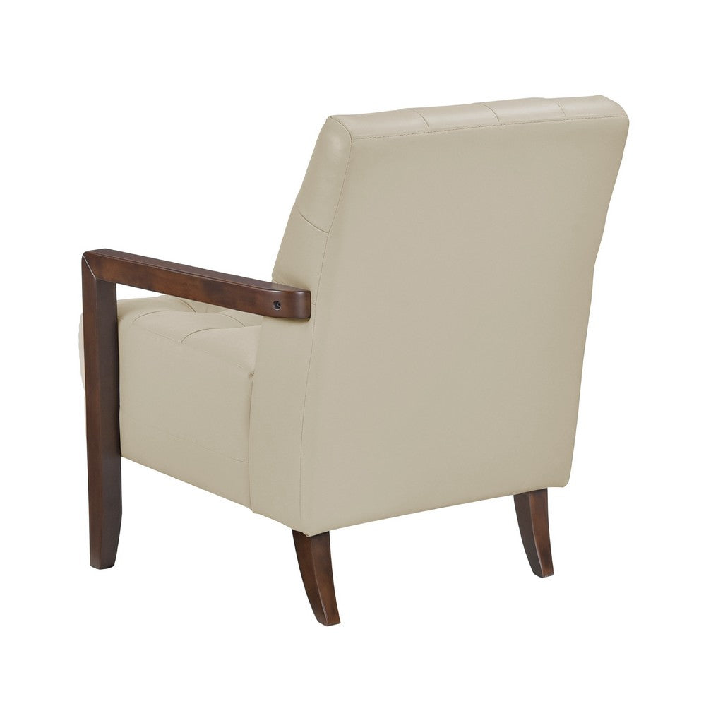 Benjara Lenie Accent Armchair, Button Tufted Beige Leather, Walnut Brown Wood
