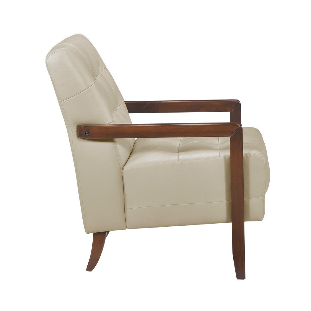 Benjara Lenie Accent Armchair, Button Tufted Beige Leather, Walnut Brown Wood