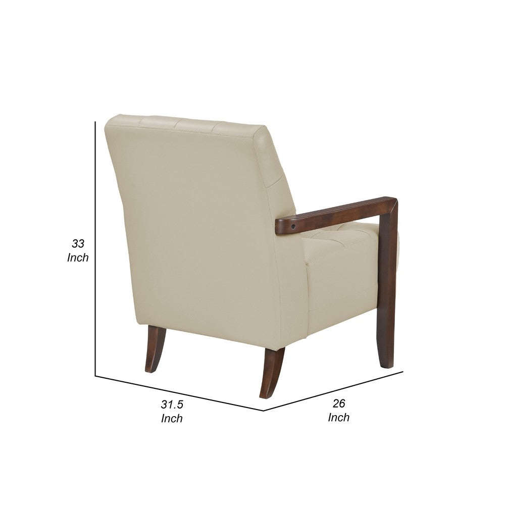 Benjara Lenie Accent Armchair, Button Tufted Beige Leather, Walnut Brown Wood