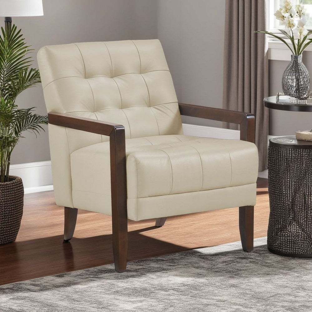 Benjara Lenie Accent Armchair, Button Tufted Beige Leather, Walnut Brown Wood