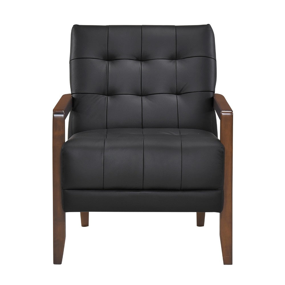Benjara Lenie Accent Armchair, Button Tufted Black Leather, Walnut Brown Wood