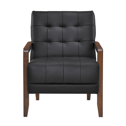 Benjara Lenie Accent Armchair, Button Tufted Black Leather, Walnut Brown Wood
