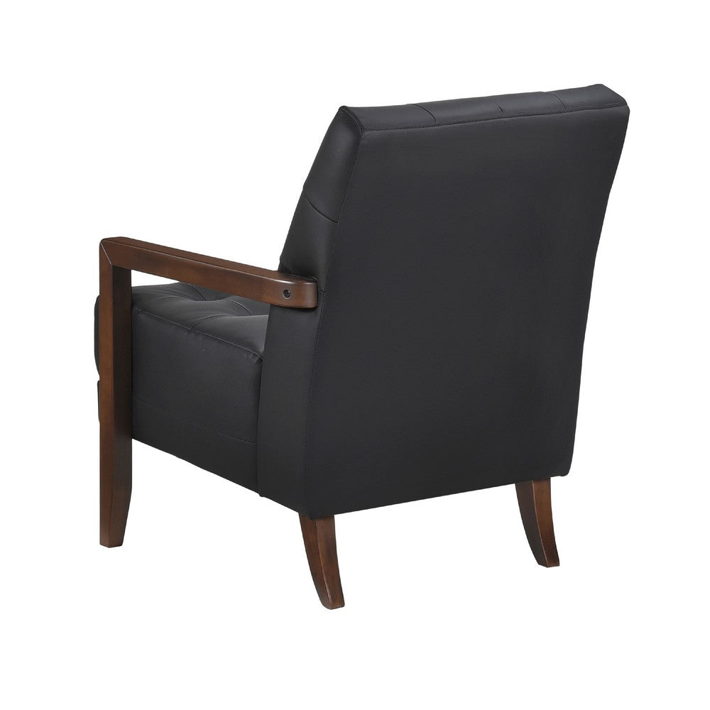Benjara Lenie Accent Armchair, Button Tufted Black Leather, Walnut Brown Wood