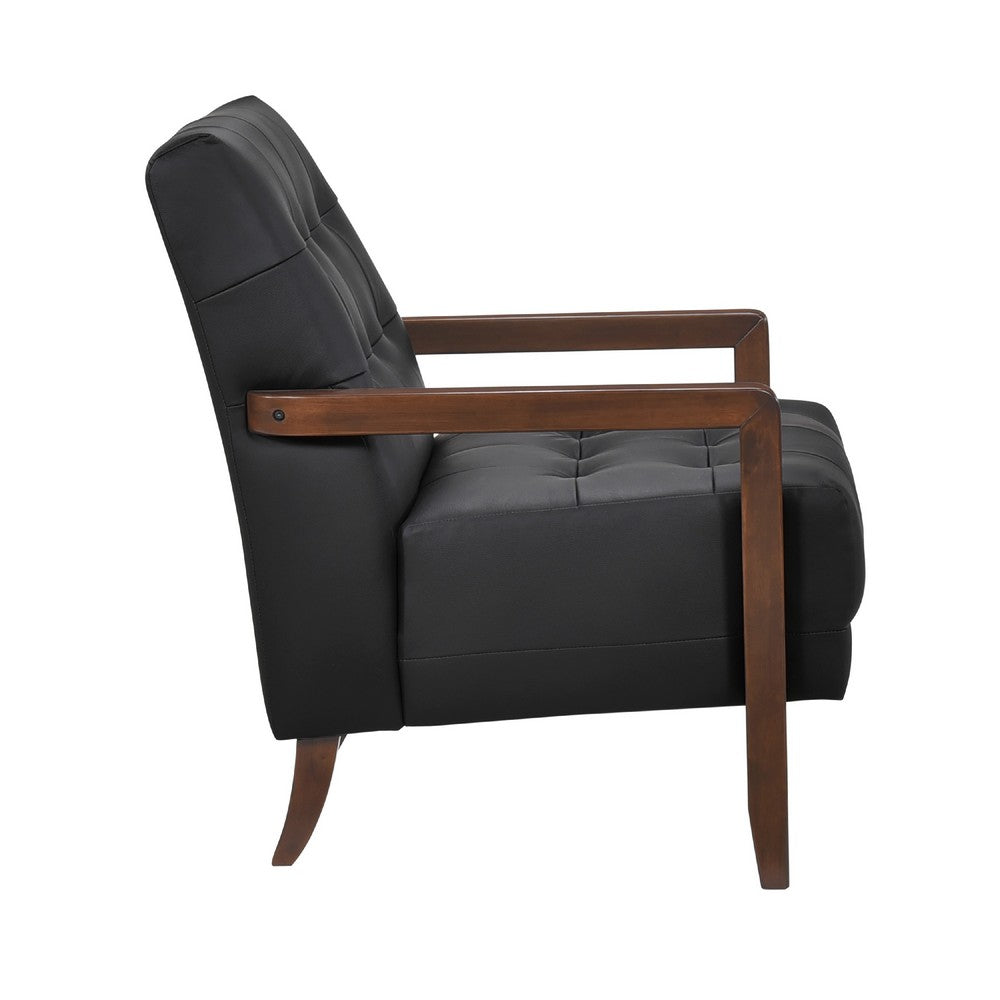 Benjara Lenie Accent Armchair, Button Tufted Black Leather, Walnut Brown Wood
