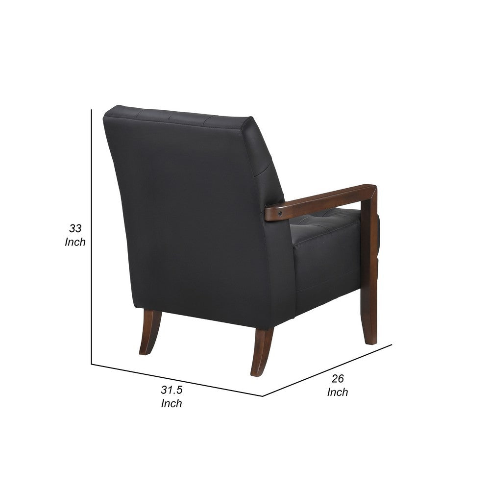 Benjara Lenie Accent Armchair, Button Tufted Black Leather, Walnut Brown Wood