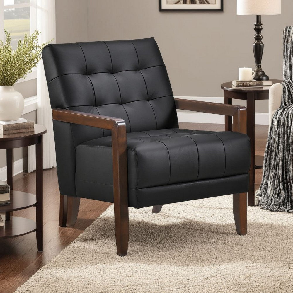 Benjara Lenie Accent Armchair, Button Tufted Black Leather, Walnut Brown Wood