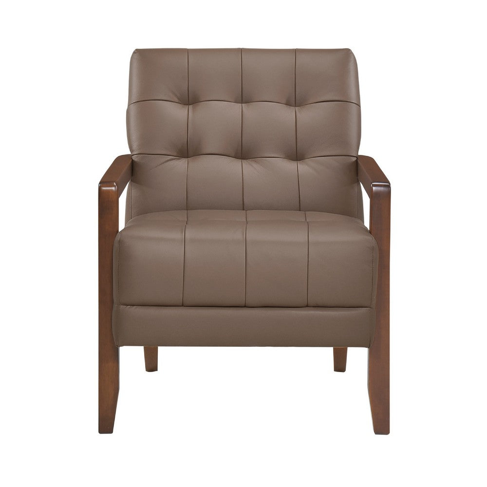 Benjara Lenie Accent Armchair, Button Tufted Brown Leather, Walnut Brown Wood