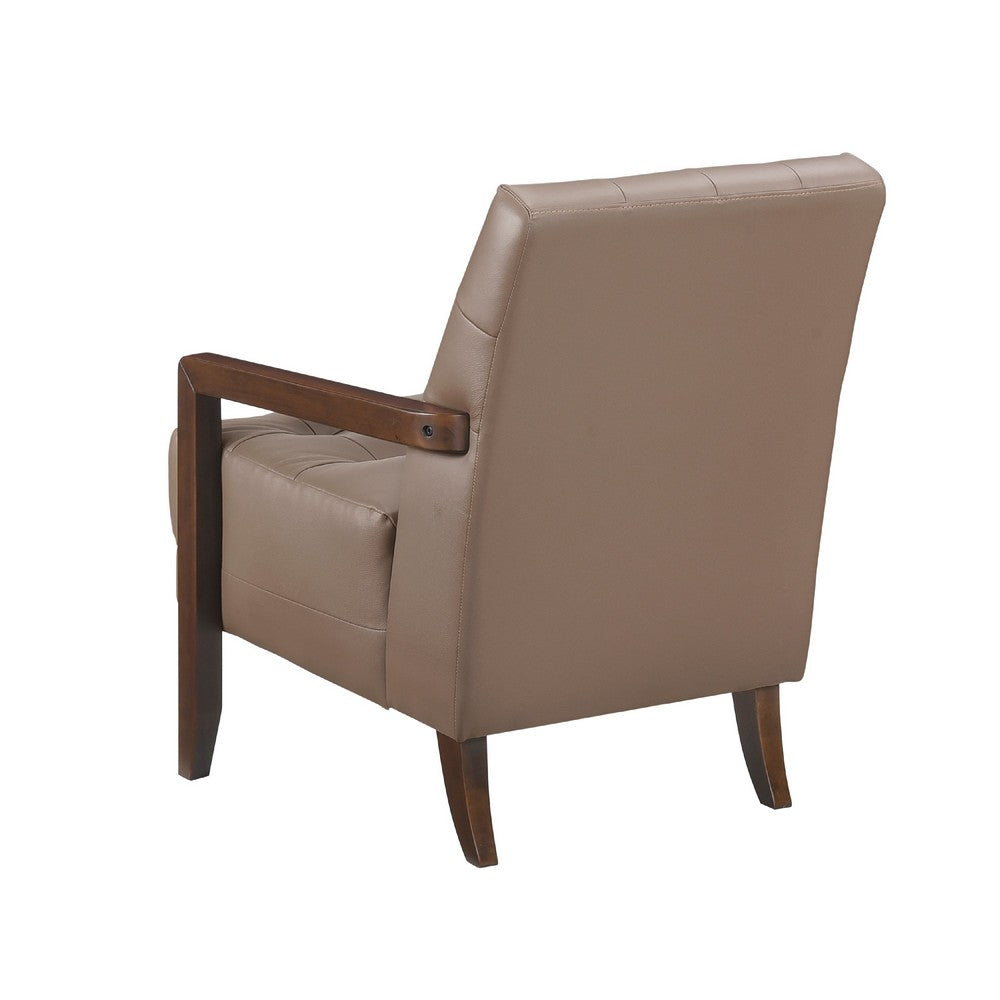 Benjara Lenie Accent Armchair, Button Tufted Brown Leather, Walnut Brown Wood