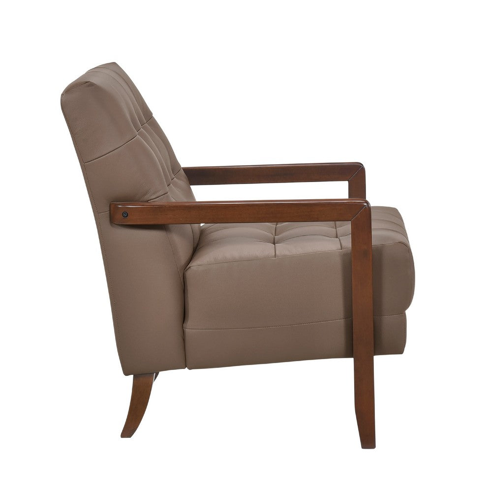 Benjara Lenie Accent Armchair, Button Tufted Brown Leather, Walnut Brown Wood