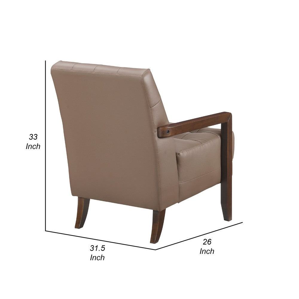Benjara Lenie Accent Armchair, Button Tufted Brown Leather, Walnut Brown Wood