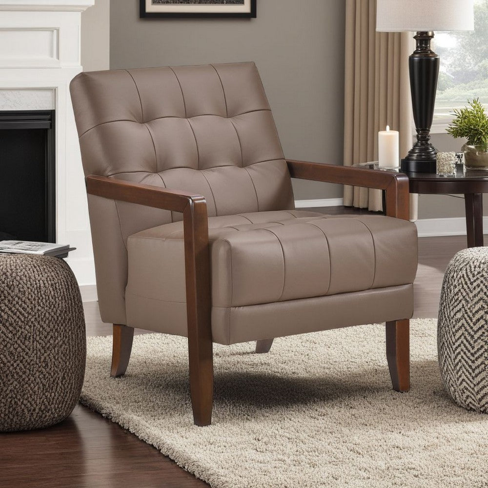 Benjara Lenie Accent Armchair, Button Tufted Brown Leather, Walnut Brown Wood