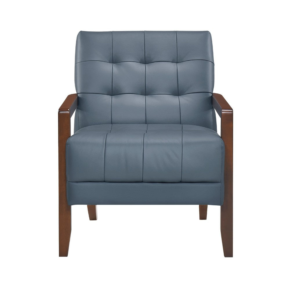 Benjara Lenie Accent Armchair, Button Tufted Blue Leather, Walnut Brown Wood