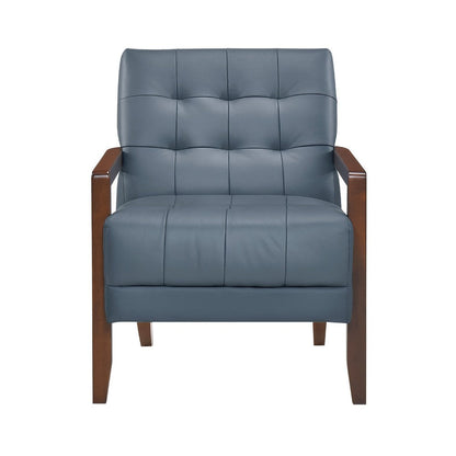 Benjara Lenie Accent Armchair, Button Tufted Blue Leather, Walnut Brown Wood